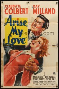7r182 ARISE MY LOVE style A 1sh '40 Claudette Colbert close up & being carried by Ray Milland!