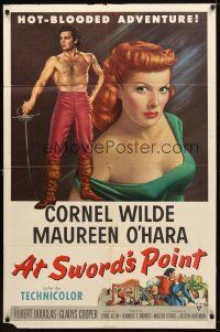 7r186 AT SWORD'S POINT 1sh '52 full-length Cornel Wilde, super close up of sexy Maureen O'Hara!