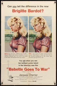 7r194 BABETTE GOES TO WAR 1sh '60 sexy art of soldier Brigitte Bardot, can you tell the difference