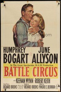 7r206 BATTLE CIRCUS 1sh '53 great artwork of Humphrey Bogart hugging June Allyson!