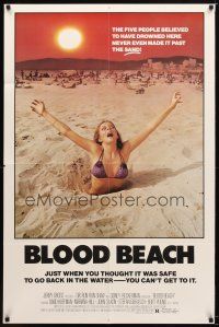 7r244 BLOOD BEACH 1sh '80 classic Jaws parody image of sexy girl in bikini sinking in quicksand!