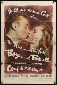 7r334 CONFIDENTIAL AGENT 1sh '45 romantic close-up of Charles Boyer kissing Lauren Bacall!