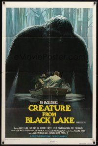 7r342 CREATURE FROM BLACK LAKE 1sh '76 cool art of monster looming over guys in boat by McQuarrie!