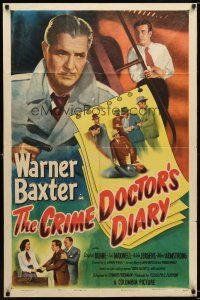 7r028 CRIME DOCTOR'S DIARY 1sh '49 cool art of detective Warner Baxter with gun!