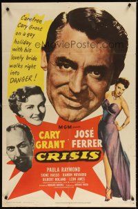 7r345 CRISIS 1sh '50 great huge headshot artwork of Cary Grant, plus Paula Raymond & Jose Ferrer!