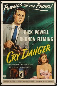 7r030 CRY DANGER 1sh '51 great film noir art of Dick Powell & Rhonda Fleming!