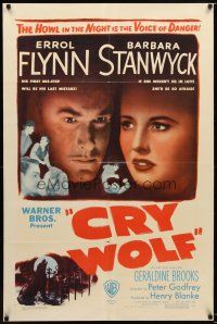 7r031 CRY WOLF 1sh '47 cool close image of Errol Flynn & Barbara Stanwyck!