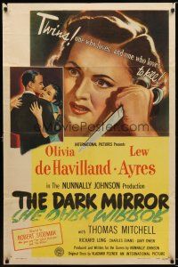 7r033 DARK MIRROR 1sh '46 Lew Ayres loves one twin Olivia de Havilland and hates the other!