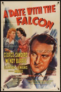 7r002 DATE WITH THE FALCON style A 1sh '41 George Sanders, Wendy Barrie with smoking gun!