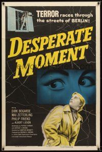 7r037 DESPERATE MOMENT 1sh '53 Mai Zetterling is a woman at bay in Berlin, cool close up eyes art!