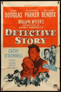 7r039 DETECTIVE STORY 1sh '51 William Wyler, Kirk Douglas can't forgive Eleanor Parker!