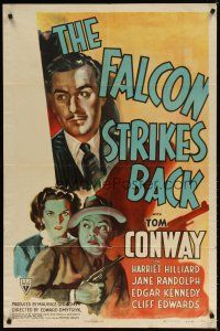 7r004 FALCON STRIKES BACK 1sh '43 cool art of Tom Conway as The Falcon + Randolph & Edwards!