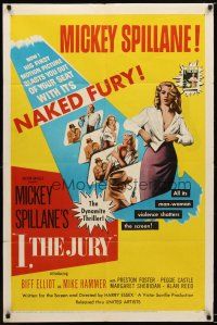 7r052 I, THE JURY 1sh '53 Mickey Spillane, Biff Elliot as Mike Hammer, sexy girl undressing!