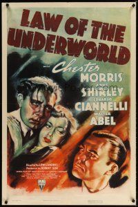 7r058 LAW OF THE UNDERWORLD 1sh '38 cool film noir art of Chester Morris and Anne Shirley!