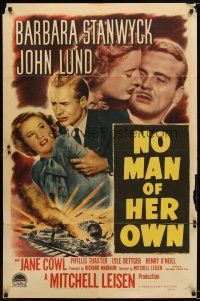 7r072 NO MAN OF HER OWN 1sh '50 Barbara Stanwyck, cool artwork of exploding train!