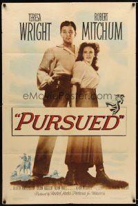7r085 PURSUED 1sh '47 great full-length image of Robert Mitchum & Teresa Wright with gun!