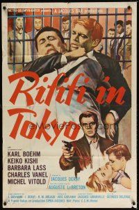 7r092 RIFIFI IN TOKYO 1sh '63 artwork of Carl Boehm busting bad guys in Japan!