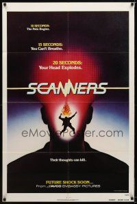 7r790 SCANNERS teaser 1sh '81 David Cronenberg, in 20 seconds your head explodes, sci-fi!