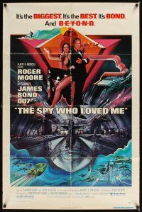 7r863 SPY WHO LOVED ME 1sh '77 cool artwork of Roger Moore as James Bond by Bob Peak!