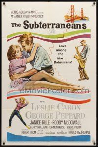 7r876 SUBTERRANEANS 1sh '60 from Jack Kerouac novel, art of sexy Leslie Caron & George Peppard!