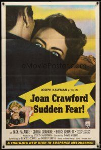 7r107 SUDDEN FEAR style B 1sh '52 great close up of terrified Joan Crawford, Jack Palance