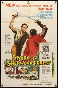 7r888 SWORD OF SHERWOOD FOREST 1sh '60 art of Richard Greene as Robin Hood fighting Peter Cushing!