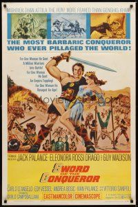 7r889 SWORD OF THE CONQUEROR 1sh '62 great art of Jack Palance as barbarian holding sexy girl!