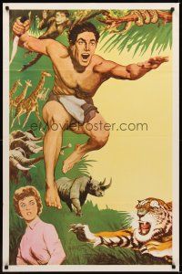 7r897 TARZAN stock 1sh '60s cool jungle action art of Tarzan, Jane & wild animals!