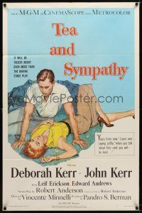 7r901 TEA & SYMPATHY 1sh '56 great artwork of Deborah Kerr & John Kerr by Gale, classic tagline!