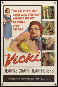 7r119 VICKI 1sh '53 if men want to look at sexy bad girl Jean Peters, she'll make them pay for it!