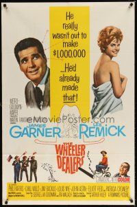7r971 WHEELER DEALERS 1sh '63 James Garner, sexy Lee Remick wrapped only in a sheet!