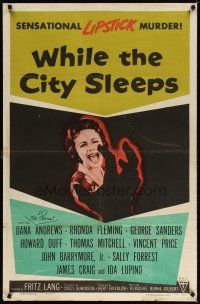 7r121 WHILE THE CITY SLEEPS style A 1sh '56 great image of Lipstick Killer's victim, Fritz Lang!