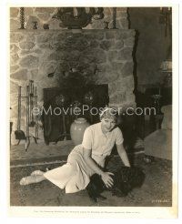 7s356 GRACE BRADLEY 8x10 still '34 great smiling portrait sitting with her cute dog by fireplace!