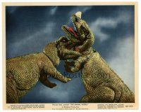 7s020 ANIMAL WORLD color 8x10 still #12 '56 cool special effects image of T-rex dinosaur battle!