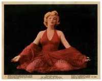 7s011 PRINCE & THE SHOWGIRL color 8x10 still '57 classic Marilyn Monroe kneeling in red dress!