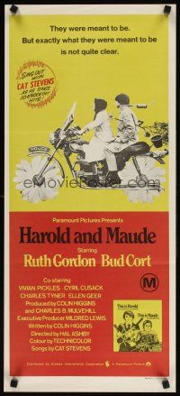 7w647 HAROLD & MAUDE Aust daybill '71 Ruth Gordon, Bud Cort is equipped to deal w/life!