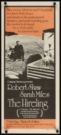 7w655 HIRELING Aust daybill '73 artwork of Robert Shaw as chauffeur to Sarah Miles!