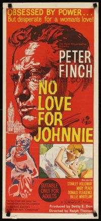 7w678 NO LOVE FOR JOHNNIE Aust daybill '61 directed by Ralph Thomas, Peter Finch, Mary Peach!