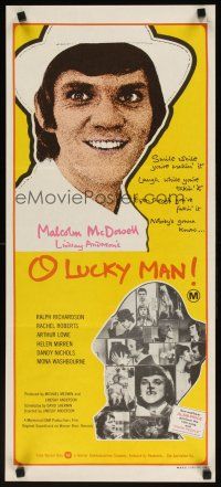 7w680 O LUCKY MAN Aust daybill '73 great images of Malcolm McDowell, directed by Lindsay Anderson!
