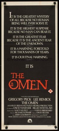 7w684 OMEN Aust daybill '76 Gregory Peck, Lee Remick, Satanic horror, our final warning!