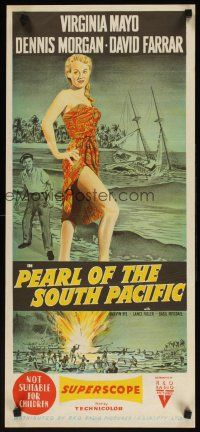 7w694 PEARL OF THE SOUTH PACIFIC Aust daybill '55 sexy Virginia Mayo in sarong & Dennis Morgan!