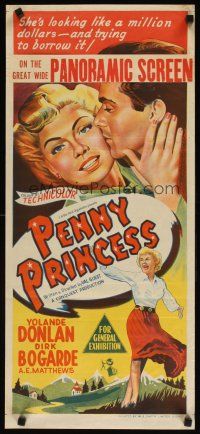 7w696 PENNY PRINCESS Aust daybill '53 artwork of Dirk Bogarde & sexy Yolande Donlan!