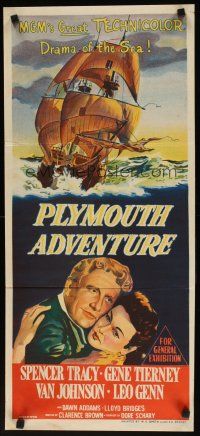 7w700 PLYMOUTH ADVENTURE Aust daybill '52 Spencer Tracy, Gene Tierney, cool art of ship at sea!