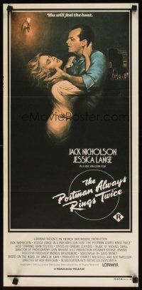 7w703 POSTMAN ALWAYS RINGS TWICE Aust daybill '81 art of Jack Nicholson & Jessica Lange by Obrero!