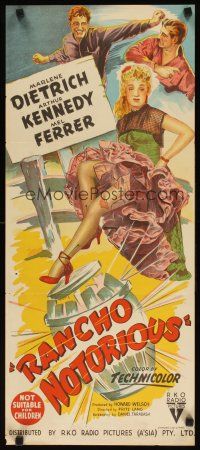 7w709 RANCHO NOTORIOUS Aust daybill '52 Fritz Lang, stone litho of Marlene Dietrich showing leg!