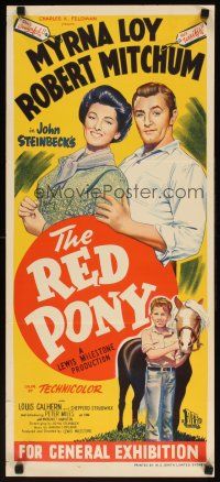7w714 RED PONY Aust daybill '49 stone litho Robert Mitchum & Myrna Loy, written by John Steinbeck!