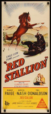 7w715 RED STALLION Aust daybill '47 cool artwork of wild horse fighting grizzly bear!