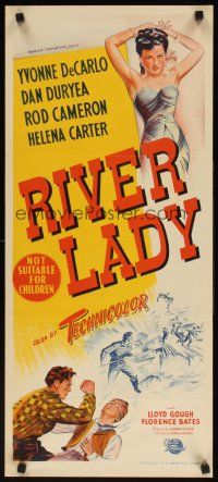 7w722 RIVER LADY Aust daybill '48 Yvonne De Carlo, Duryea, brawling story of lusty Mississippi!
