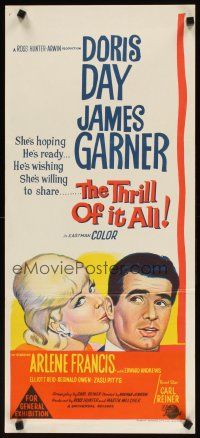 7w740 THRILL OF IT ALL Aust daybill '63 wonderful artwork of Doris Day kissing James Garner!