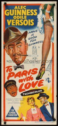 7w748 TO PARIS WITH LOVE Aust daybill '55 stone litho art of Alec Guinness & sexy leg!